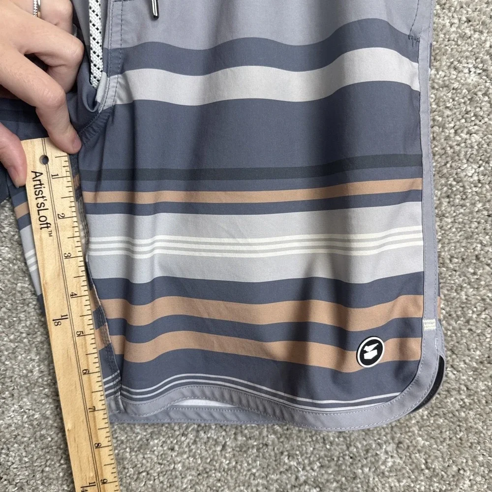 Jetty Mens Small Striped Board Shorts Grey Blue Tan Swim Trunks Recycled